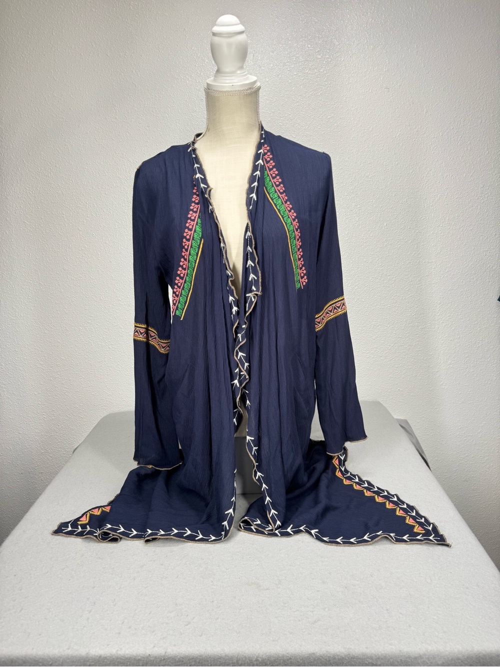 BKE Hot & Delicious Navy Boho Kimono Flyaway Open Cardigan M